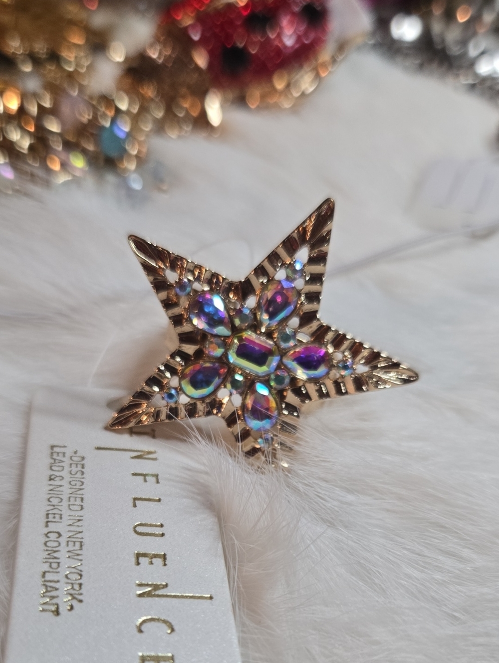 Gold Star Crystal Iridescent Multi-Color Statement Ring NWT